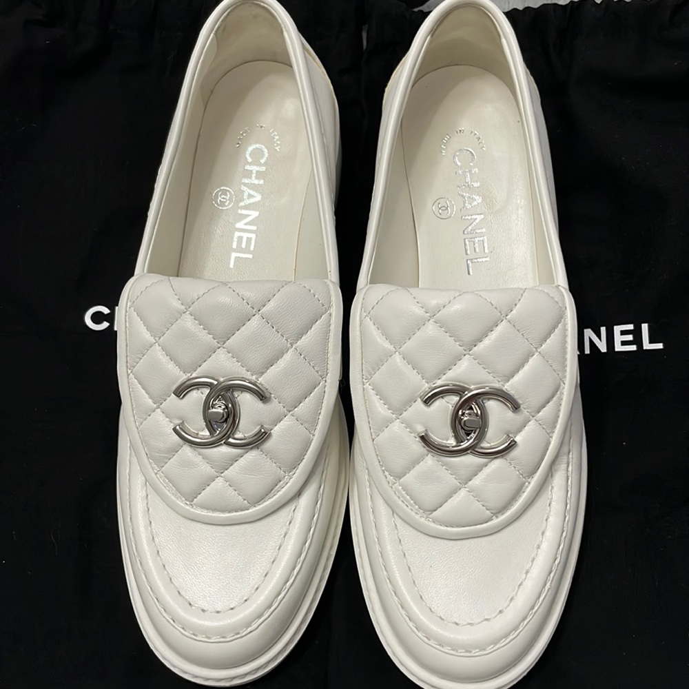 Chanel Classic Interlocking White Loafers